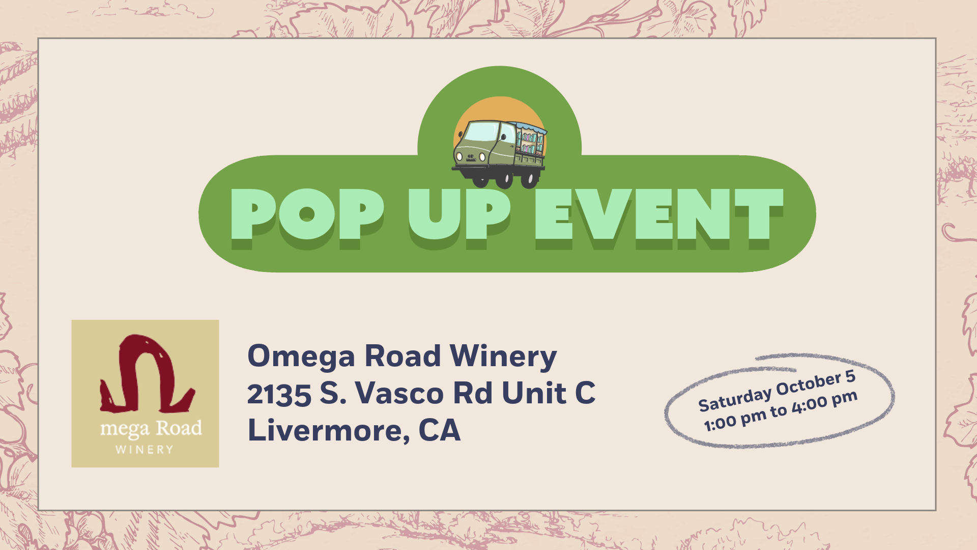 Pop Up Event Omega Road Winery 10 5 2025