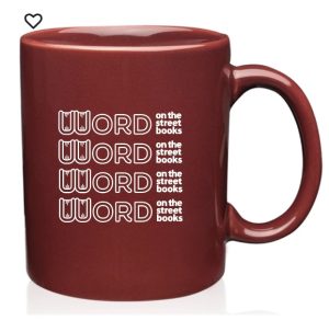 Word on the Street Books Coffee Mug Maroon with repeating logo pattern