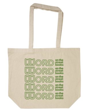 Word on the Street Books Cotton Tote with repeating logo pattern