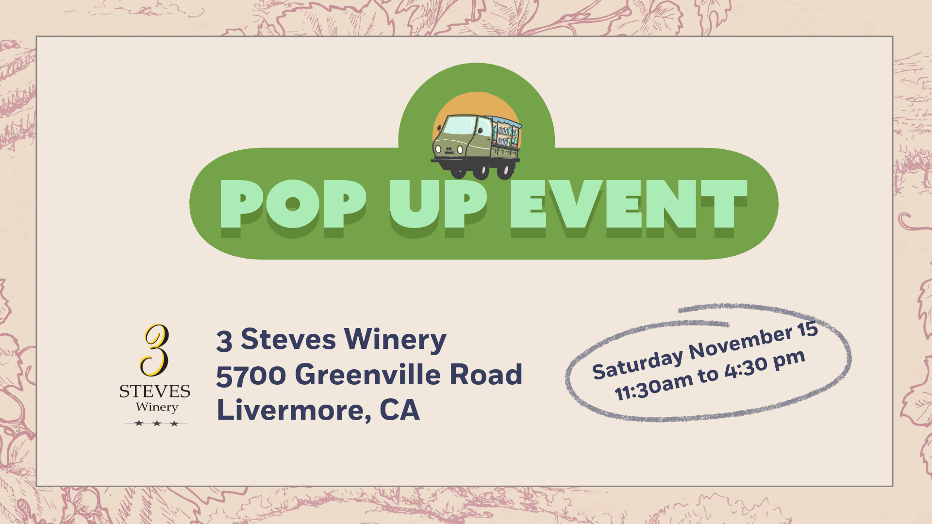 3 Steves Winery Pop-up November 15 2025